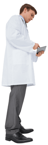 Transparent young doctor using tablet device