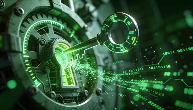 Neon digital key unlocking cyber vault with binary stream — encryption and security concept