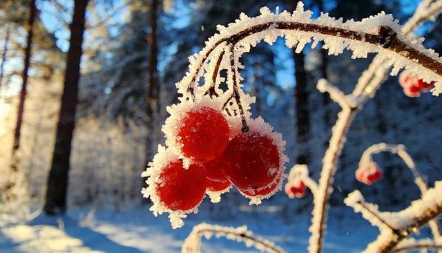 Sunlit Frosted Red Berries on Branch with Golden Rim Light over Snowy Forest, Macro Close-up