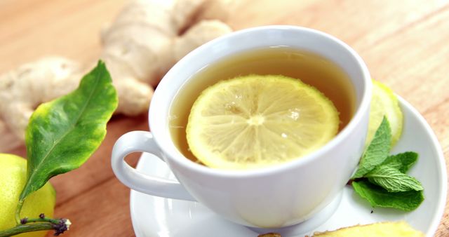 Herbal tea with a slice of lemon in a white cup on a wooden table. Ginger root, mint leaves, and lemon are placed around the cup, enhancing the fresh and healthy theme. Perfect for use in branding for health and wellness products, lifestyle blogs, and recipes focused on natural remedies.