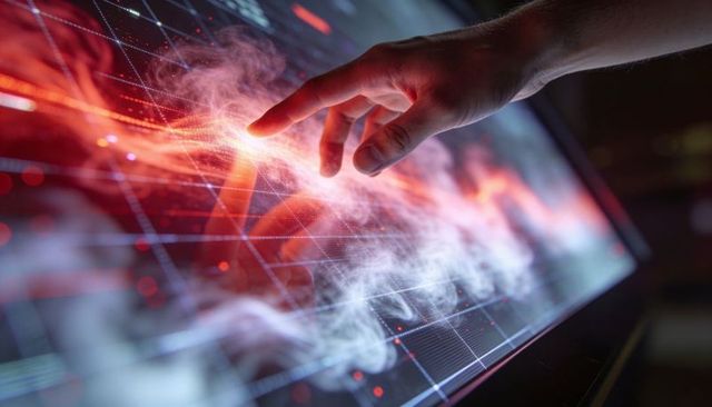 Right Hand Touching Neon Data Grid on Touchscreen, Interacting with Futuristic AI Interface