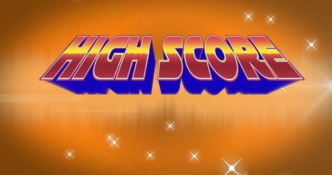 Retro 3d high score typography with neon gradient, glossy block letters and sparkles