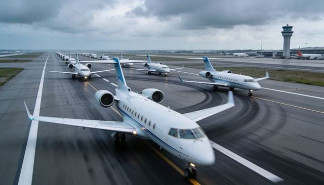 Fleet of business jets taxiing on wet runway with control tower under stormy sky