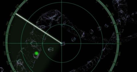 Futuristic radar screen with wireframe displays
