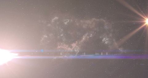 Nebula band spanning deep space with bright dual star flares and blue lens flare
