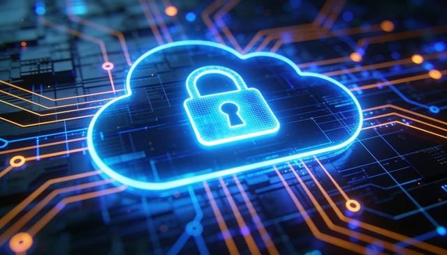 Securing Cloud Data with Neon Padlock on Futuristic Circuit Board for Cybersecurity