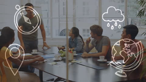 Diverse Team Collaborating in Modern Office Setting with Animated Elements