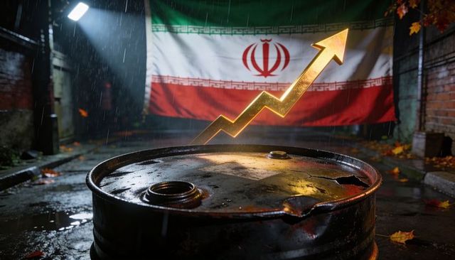Dented rusty oil drum emitting glowing golden arrow beside iran flag in rainy urban alley