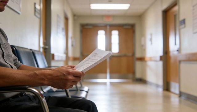 Man reviewing medical forms while waiting in clinic corridor with double doors