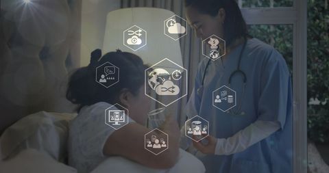 Asian Doctor Assisting Patient with Icons Overlay
