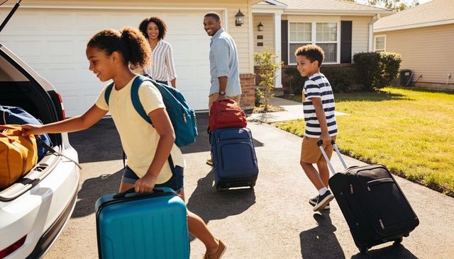 Family preparing for road trip loading luggage on driveway parents and kids smiling