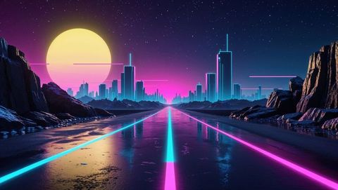 Futuristic cyberpunk nightscape with neon highway and skyscrapers