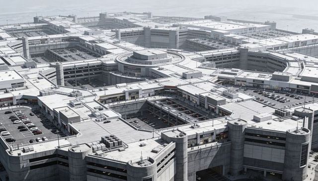 Dominating urban scene: multilevel concrete parking and retail complex, curved ramps