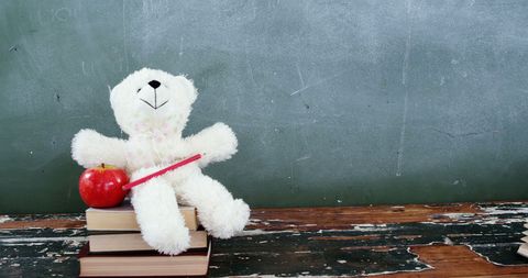 Teddy bear and books by chalkboard in educational environment