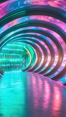 Vertical neon tunnel video: person walking through glowing arches with reflective floor