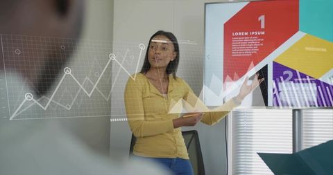 Businesswoman Presenting Data Visualization on Interactive Dashboard in Boardroom