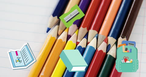 Animated School Supplies and Colored Pencils on Notebook