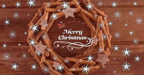 Merry christmas rustic driftwood wreath floating stars snowflakes on wood background