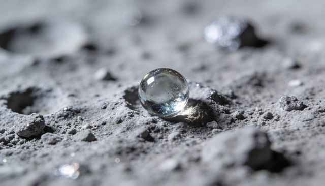 Glass marble resting on lunar-like dusty granular surface macro closeup with sparkling highlights