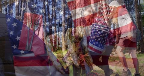 Friends pitching tent in forest with overlay of american flag
