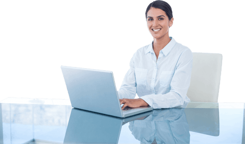 Transparent Background Professional Woman Smiling at Desk with Laptop