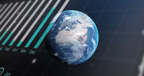 3D Earth Globe Rotating Over Virtual Analytics Dashboard with Teal Bar Chart and Grid
