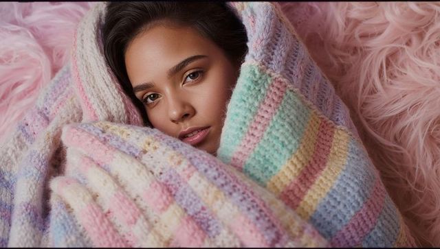 Peaceful woman wrapped in pastel blanket on faux fur
