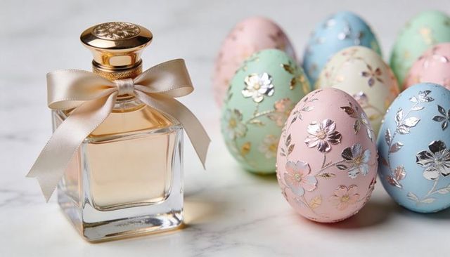 Luxury perfume bottle with satin bow beside pastel floral easter eggs on marble surface