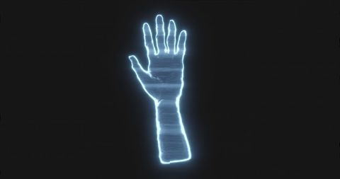 Holographic Hand Glowing Against Black: Futuristic Halloween Concept