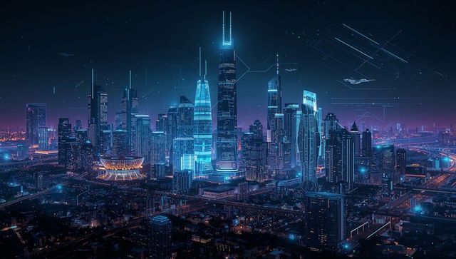 Neon metropolis nightscape featuring cyan tower, golden arena, and futuristic spires