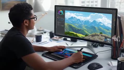 Artist Creating Digital Mountain Landscape in Studio