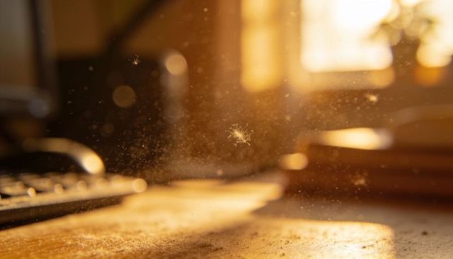 Floating dust mote glowing in golden sunlight over wooden desk with keyboard and books