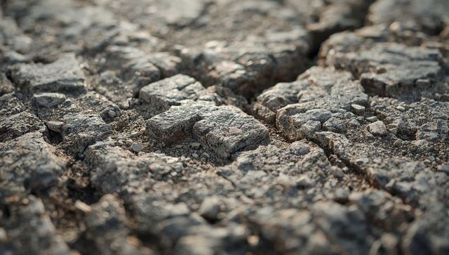 Close-up cracked bedrock showing deep fissures gravel pebbles compacted soil texture