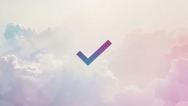 Gradient check mark icon over pastel sky with fluffy clouds