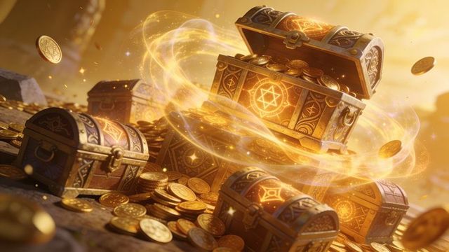 Mystical treasure chests overflowing with golden coins and arcane glowing sigils