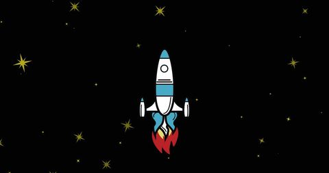 Cartoon rocket ship launching into space among stars
