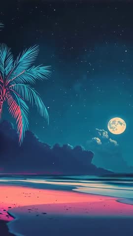 Vertical night beach video panning teal palm fronds and full moon over neon shoreline
