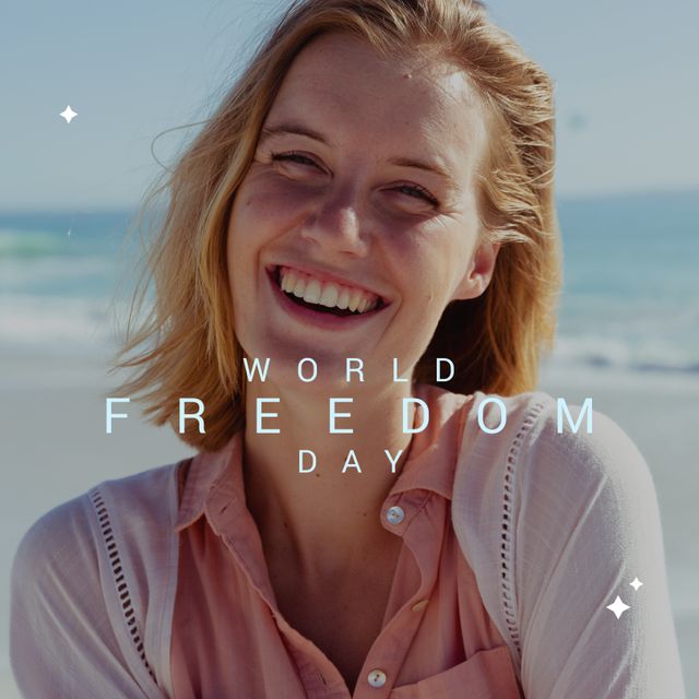 A joyful woman smiles broadly while standing on a sunny beach, celebrating World Freedom Day. Ideal for use in campaigns promoting freedom, international human rights, summer tourism, and personal happiness. Can be used in social media posts, articles, brochure covers, and blog headers related to freedom and joyful living.