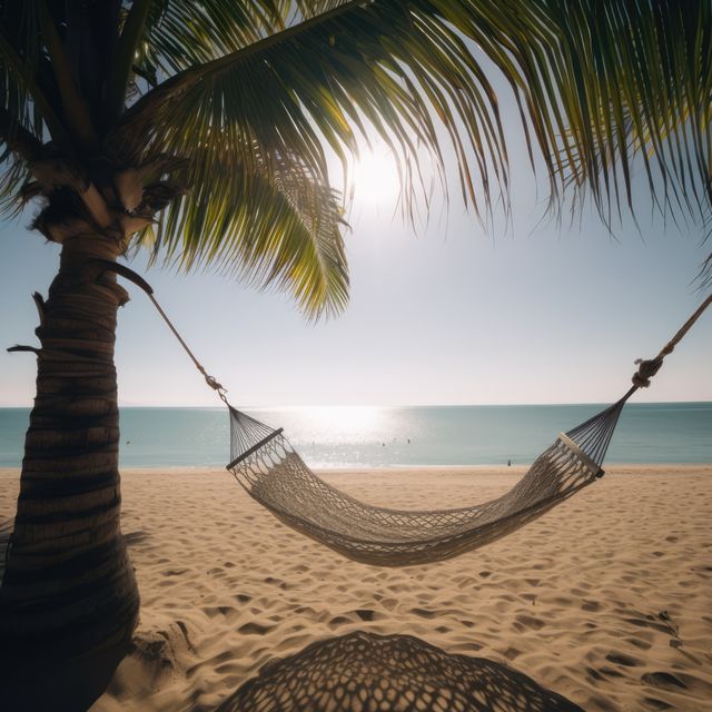 Cozy hammock hangs between two palm trees, providing a serene viewpoint of a calm, sunny beach with clear blue waters. Perfect for travel websites, relaxation ads, vacation brochures, or tropical getaway promotions.