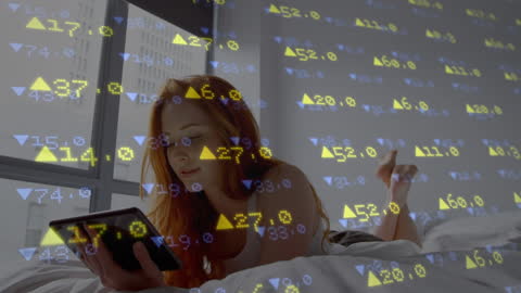 Woman Exploring Stocks on Tablet in Modern Bedroom
