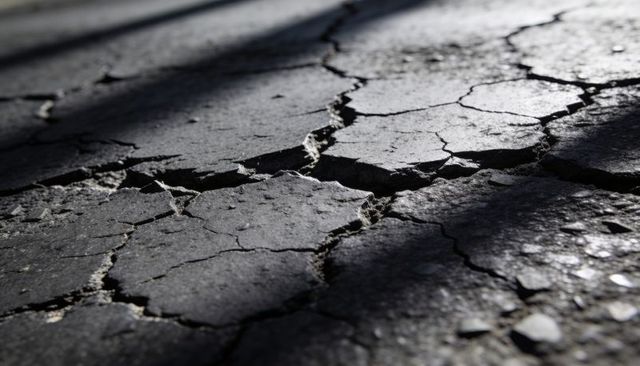 Cracked asphalt closeup showing fissures and textured pavement under dramatic sunlight