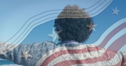 Senior Woman Embracing Freedom with Ocean and Flag Overlay