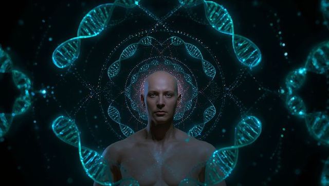 Bald human avatar surrounded by glowing dna helices in futuristic genomics visualization
