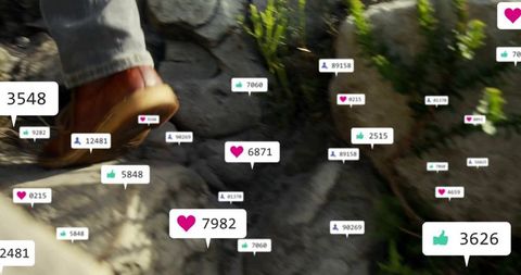 Hiking boot trail with social notification overlay