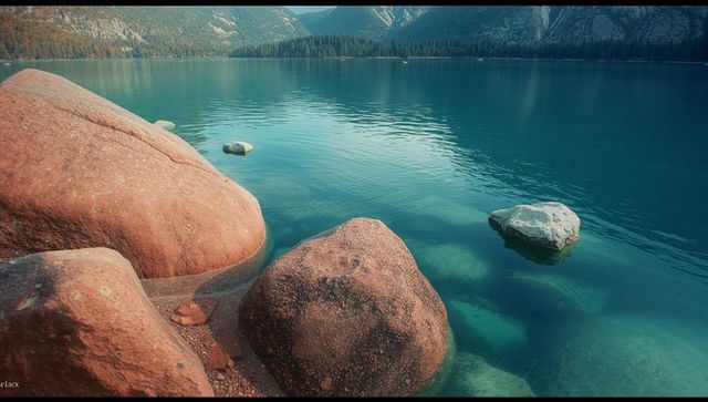 Scenic alpine lake with granite boulders at pristine shoreline
