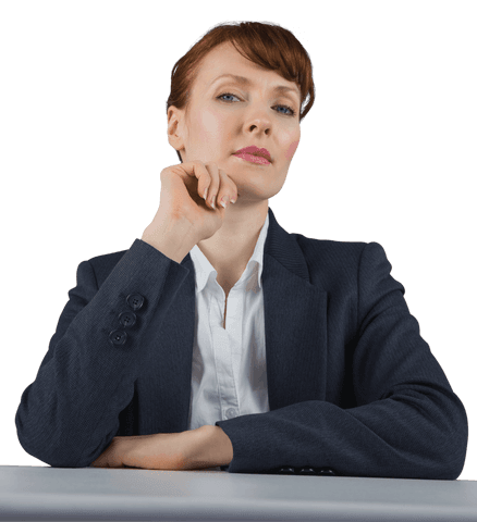 Thoughtful Caucasian Businesswoman in Suit on Transparent Background