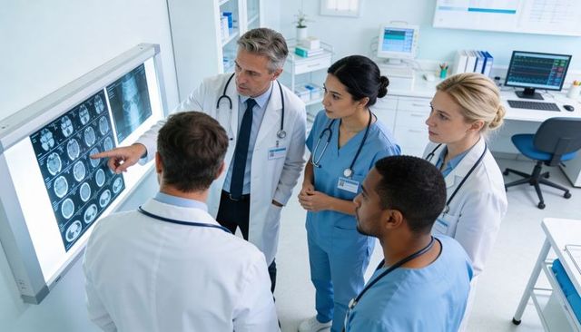 Senior doctor leading multidisciplinary team reviewing brain mri and ct scans on lightbox