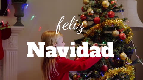 Festive Christmas Greetings with Girl Decorating Tree