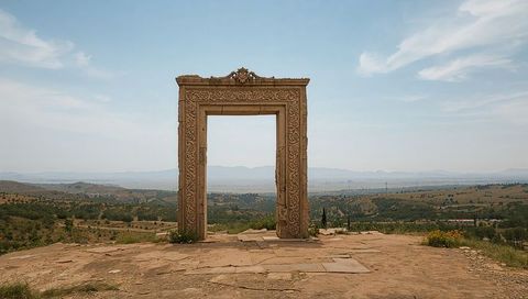 Ornate carved stone doorway framing sweeping valley panorama on weathered hilltop ruins