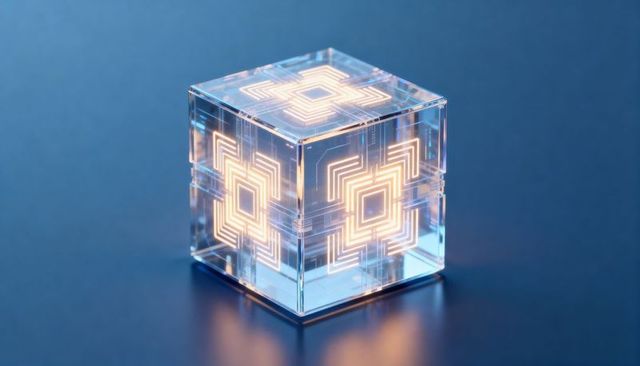 Glowing transparent cube emitting warm circuitry light for futuristic tech concept